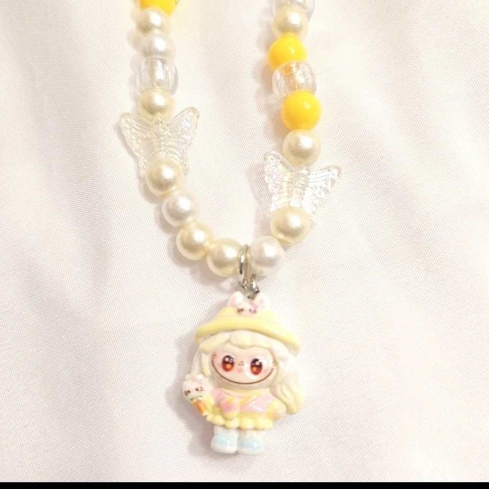 Cute Pastel Yellow Girly Dainty Elegant Beaded Labubu Phone Charm or Wrist Strap